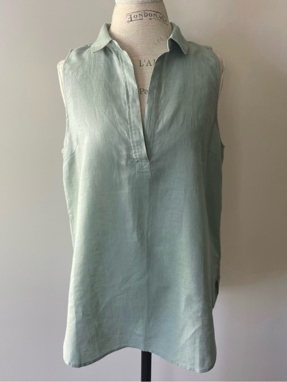 J Crew Blouse Womens Small Green Linen Cotton Sleeveless Tunic Split Neck Top